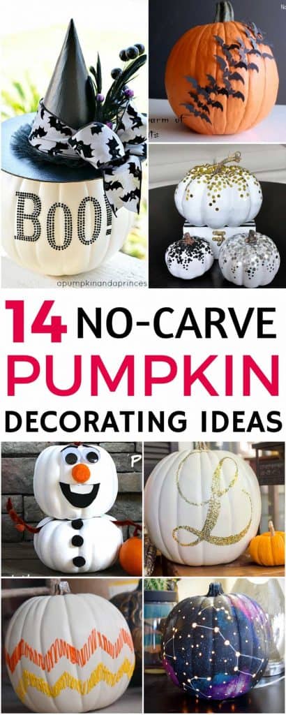 Are you looking for some pumpkin decorating ideas? Have a fun and creative Halloween with these 14 no-carve pumpkin decorating ideas. Perfect for the whole family to get involved! Number 13 is my favorite!