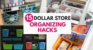 Check out these 15 dollar store organizing hacks to organize your whole house on a budget! Organize your kitchen, bathroom, closet, pantry, laundry and more for cheap! Inexpensive DIY projects and ideas to declutter and organize everything at home!