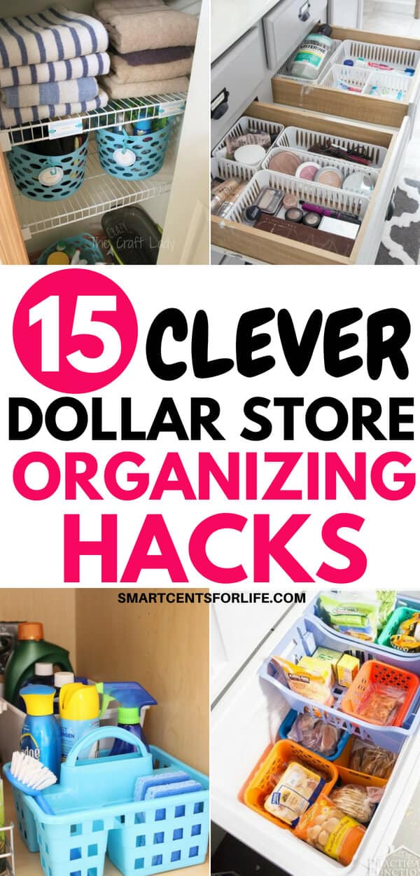 Check out these 15 dollar store organizing hacks to organize your whole house. You can organize your kitchen, bathroom, closet, pantry, laundry and more for cheap! Inexpensive DIY projects and ideas!