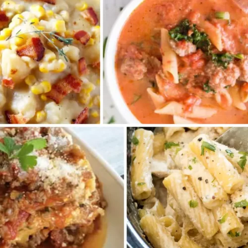 Four Crockpot Images in a collage, Crock pot potato corn chowder, Slow Cooker Tuscan Soup, crockpot lasagna and crockpot chicken alfredo.