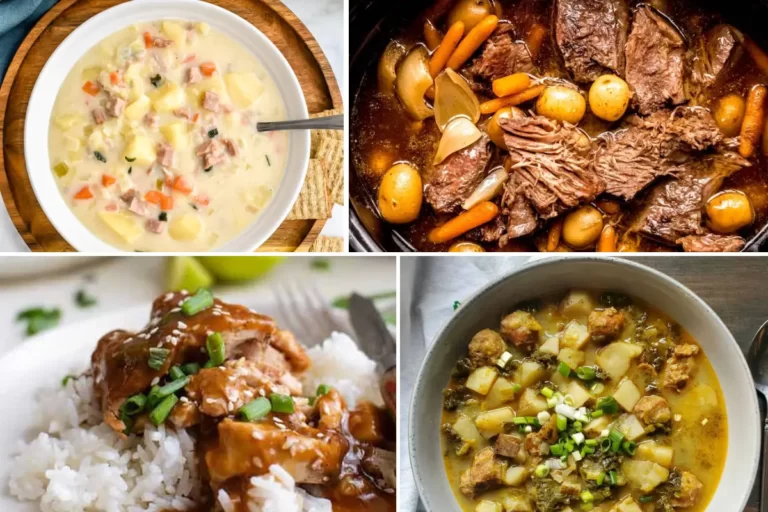 Image of four dump and go crockpot recipes; Bottom round rump roast with vegetables in a crockpot, A bowl of Slow Cooker Ham and Potato Soup, Slow cooker zuppa toscana served in a white bowl, and Crockpot teriyaki chicken served over rice in a white plate
