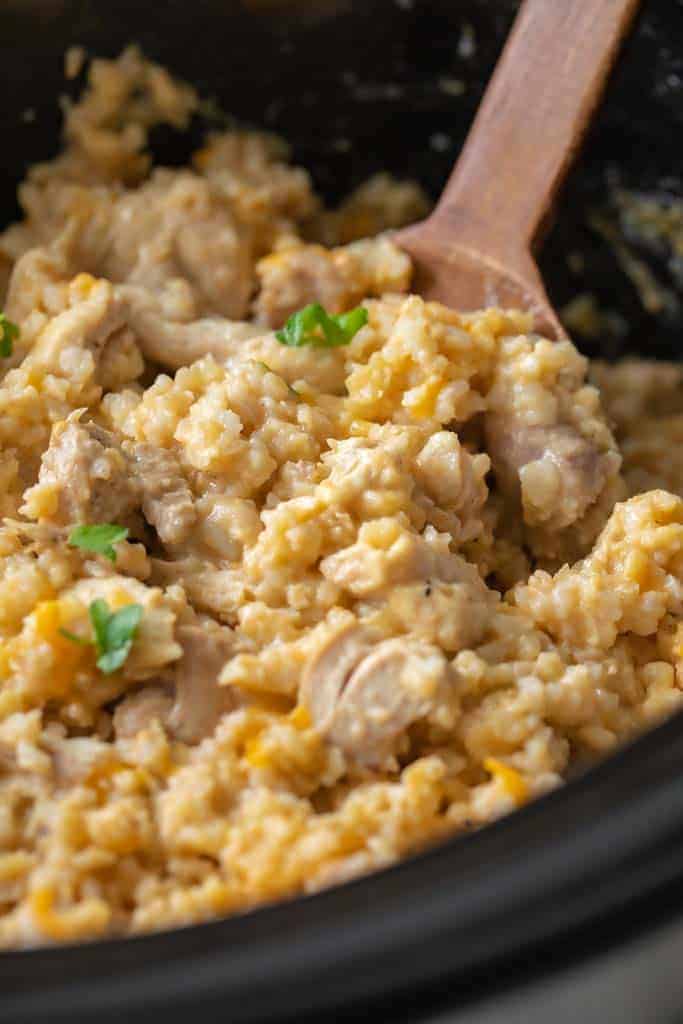spoon inside a crockpot that has chicken and rice