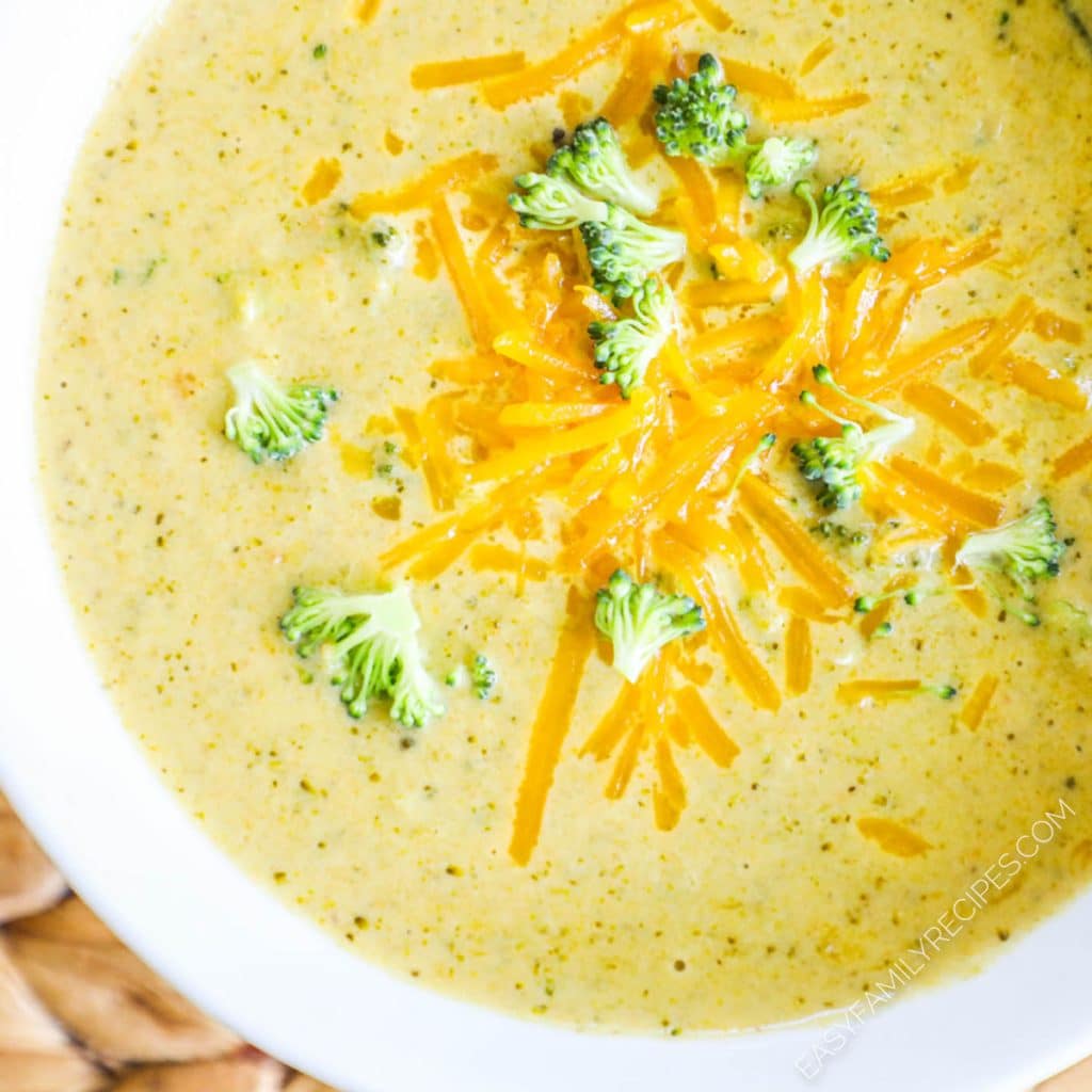 Crock Pot Broccoli Cheese Soup in a white bowl