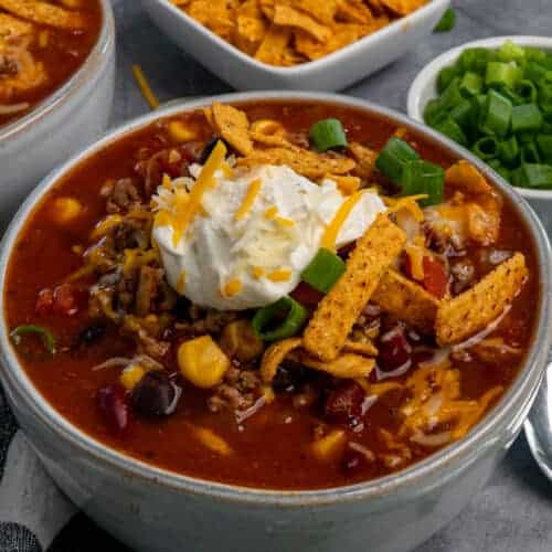 Crock Pot Taco Soup served in a white bowl