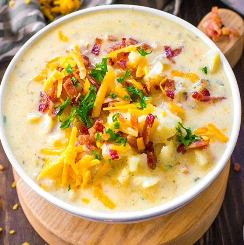 Crockpot potato soup served in a white bowl on a wooden table