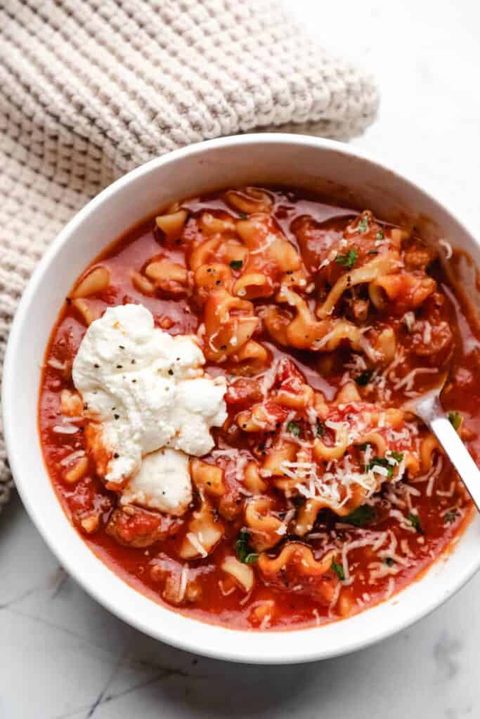 slow cooker lasagna soup served in a white bowl