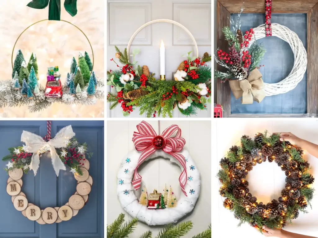 Collage image of six DIY Christmas Wreath Decoration Ideas