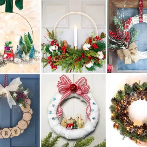 Collage image of six DIY Christmas Wreath Decoration Ideas
