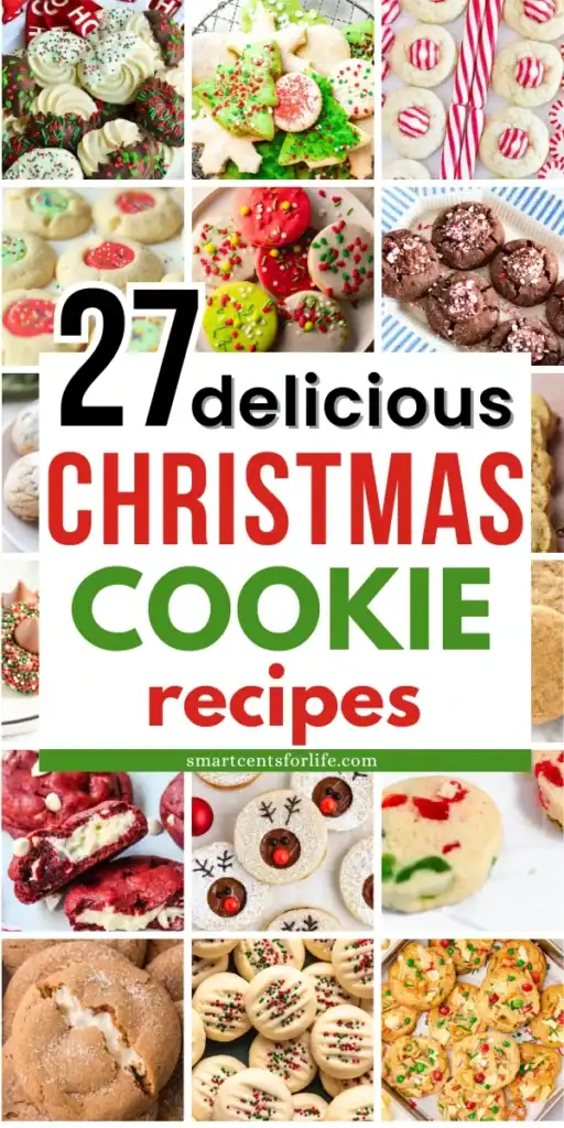27 easy Christmas cookie recipes including decorated sugar cookies, peppermint bark cookies, red velvet cheesecake cookies, and classic peanut butter blossoms all layout in a collage. A festive mix of colorful homemade Christmas cookies perfect for holiday baking, cookie swaps, and gifting during the Christmas season.