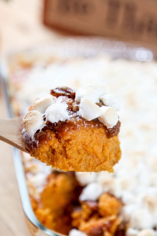 Creamy slow cooker sweet potato casserole with pecans and cinnamon — make-ahead Christmas side dish idea.