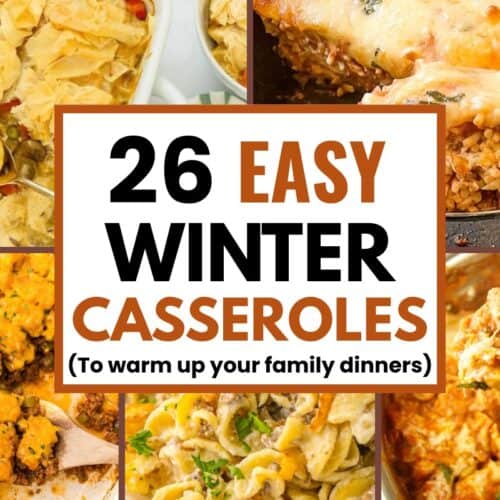 Collage hero image showing 5 easy winter casseroles including chicken, beef, and veggie bakes — easy family dinner ideas with comfort food recipes.