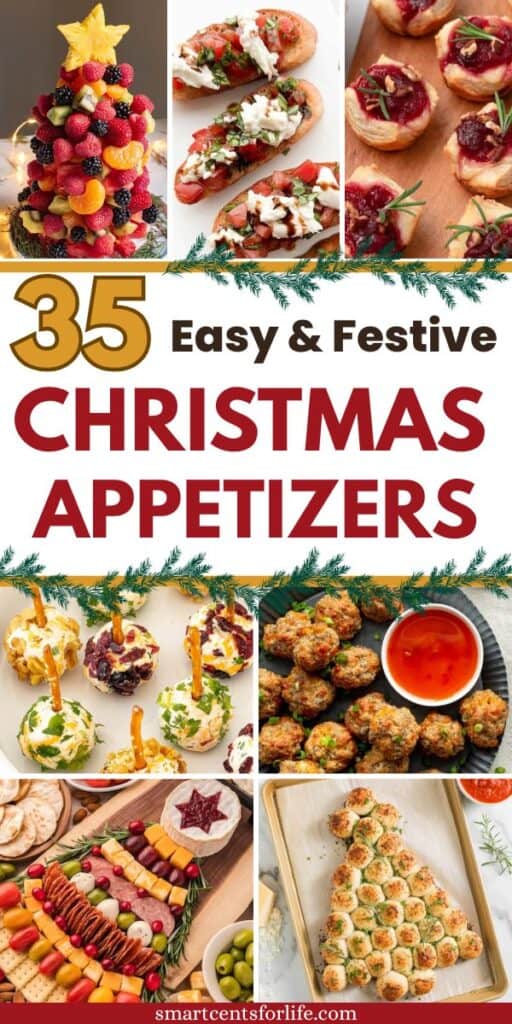 Collage of easy Christmas appetizers including cranberry brie bites, charcuterie boards, and pull-apart breads — festive holiday finger foods perfect for parties and Christmas gatherings.