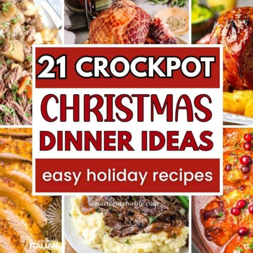 Collage image featuring a variety of Crockpot Christmas dinner ideas, including slow cooker ham, winter roasts, chicken dinners, and cozy holiday crockpot meals for Featured Image