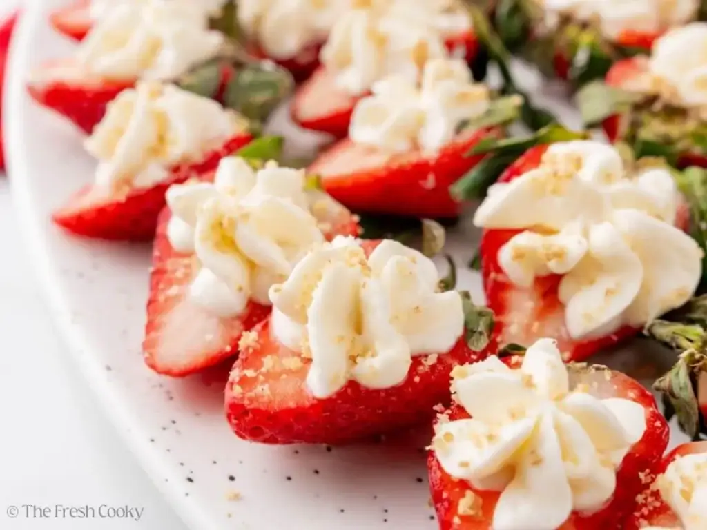 Cheesecake-filled strawberries styled as deviled strawberries on a serving plate