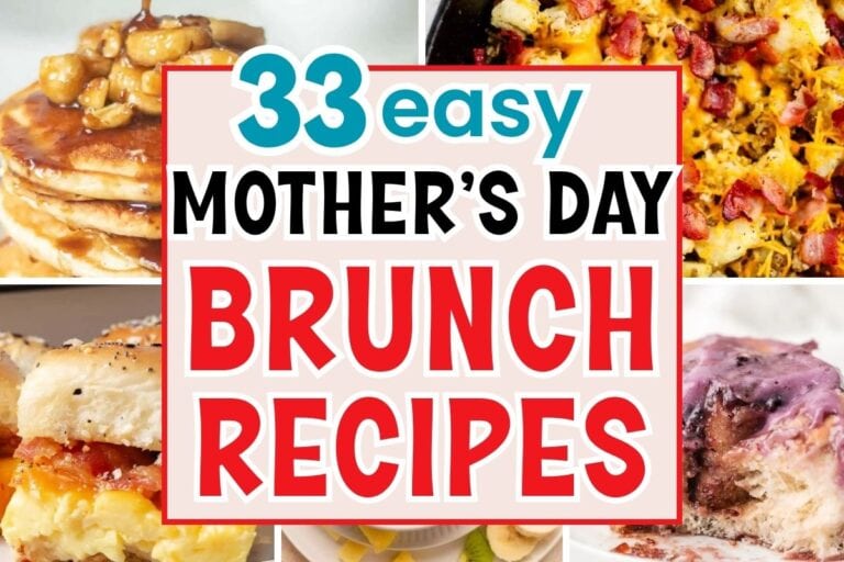 Easy Mother&rsquo;s Day brunch recipes collage with pancakes, quiche, breakfast casseroles, fruit, and sweet brunch ideas
