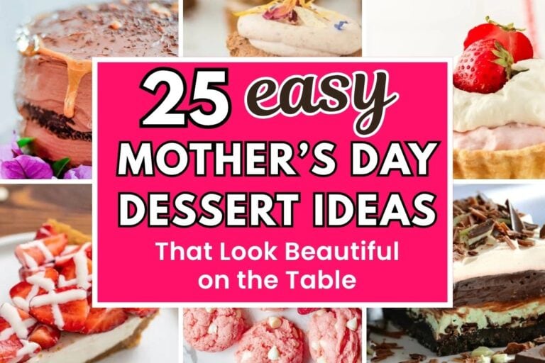 Easy Mother&rsquo;s Day desserts collage with chocolate cake, strawberry tartlets, lemon layered bars, cheesecake, and heart-shaped jam cookies