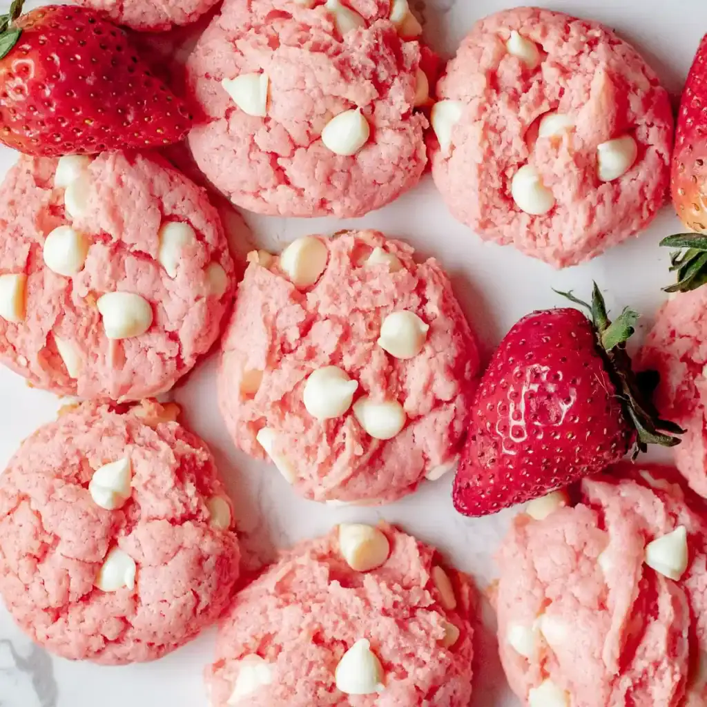 Strawberry cheesecake cookies with soft centers and white chocolate chips