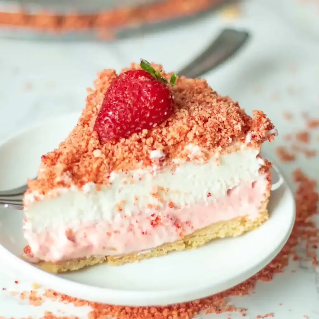 Strawberry crunch cheesecake slice with creamy layers and pink crumble topping