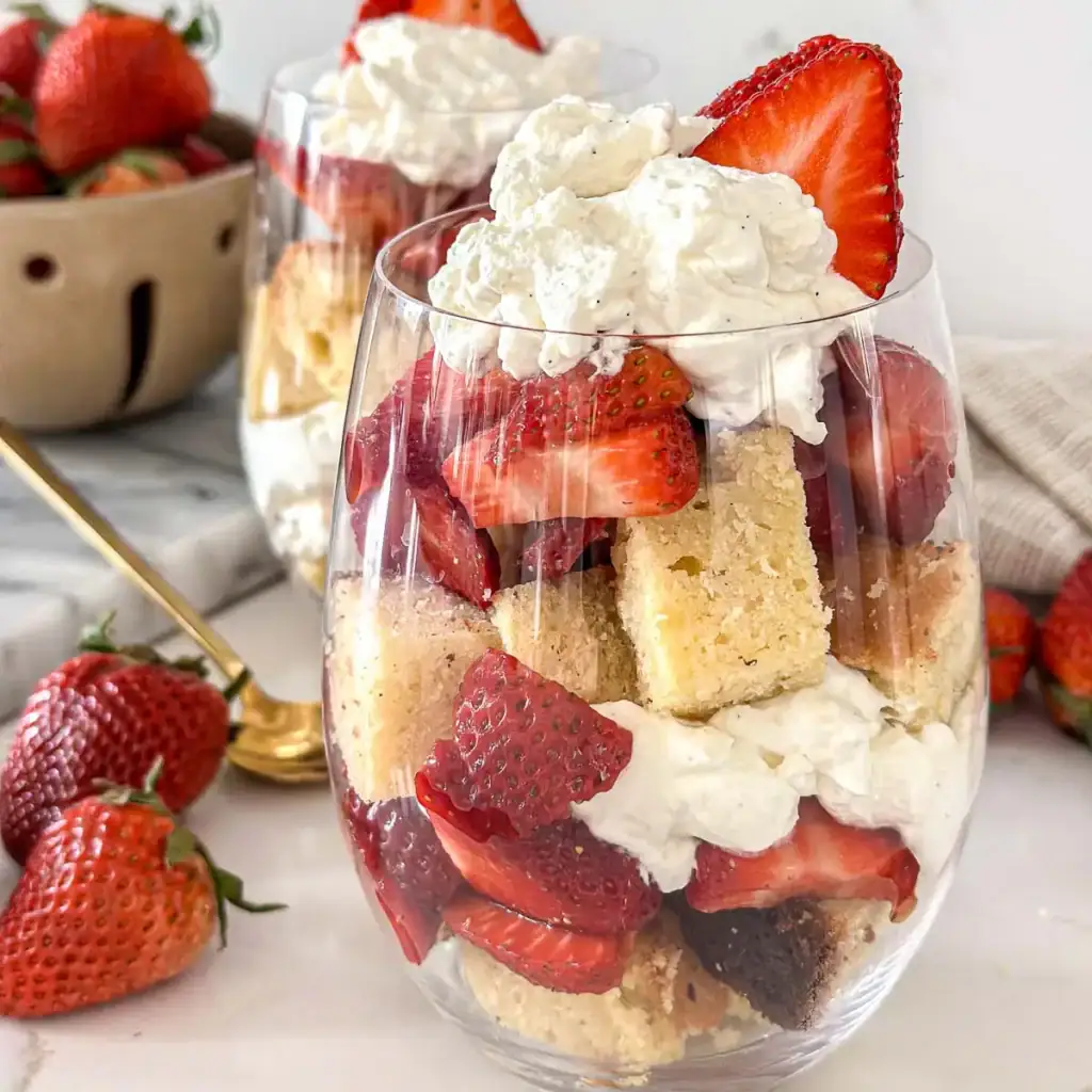 trawberry shortcake parfaits layered in glass cups with whipped cream and berries
